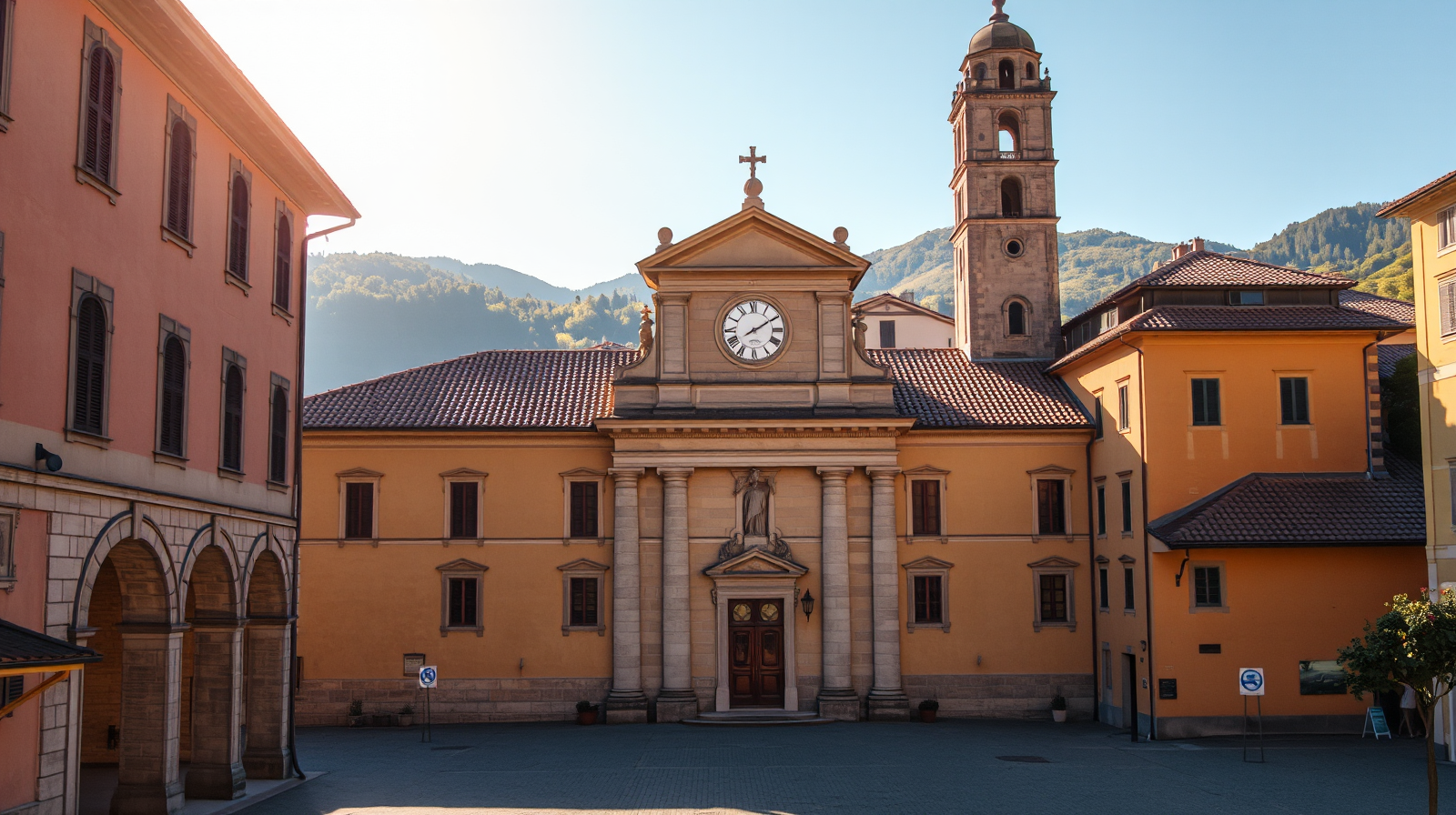 Municipio storico piemontese illuminato dal sole estivo con colline delle Langhe sullo sfondo, scadenze TARI per le imprese locali