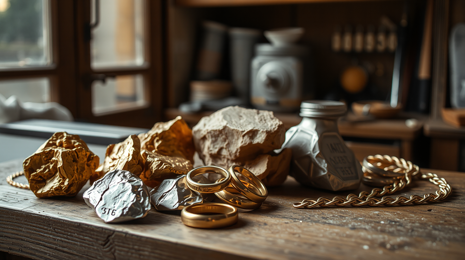 Oro e argento grezzi con gioielli artigianali su un banco da orafo, il costo della materia prima pesa sulla filiera orafa