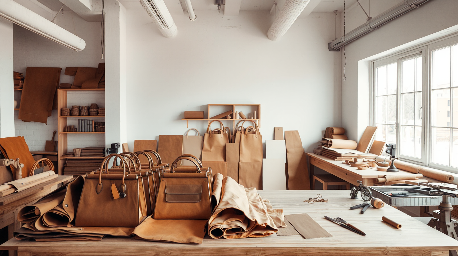 Atelier luminoso con pelli conciate e borse in lavorazione, la filiera dei fornitori della pelletteria di lusso