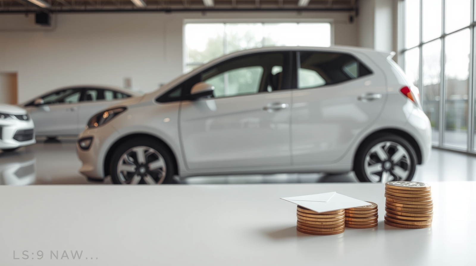 Auto moderna in showroom luminoso con monete e buste su una scrivania, simbolo dei costi reali dell'auto a rate