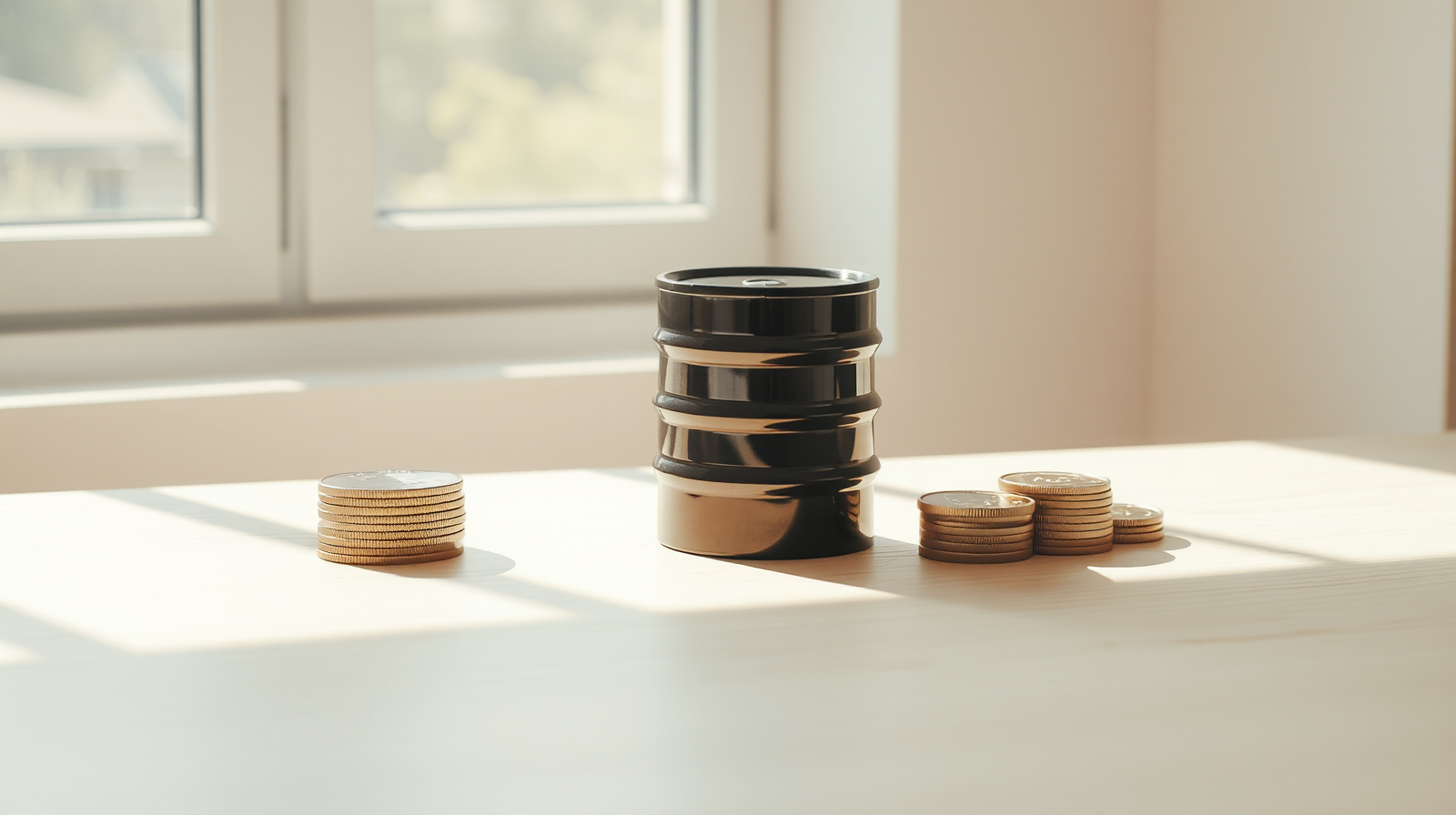 Barile di petrolio e monete su una scrivania luminosa, simbolo dei costi di energia e credito per le Pmi