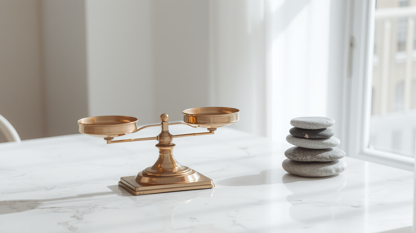 Bilancia d'ottone in equilibrio e pietre impilate su marmo bianco, simbolo di deficit sotto il 3% e conti pubblici stabili