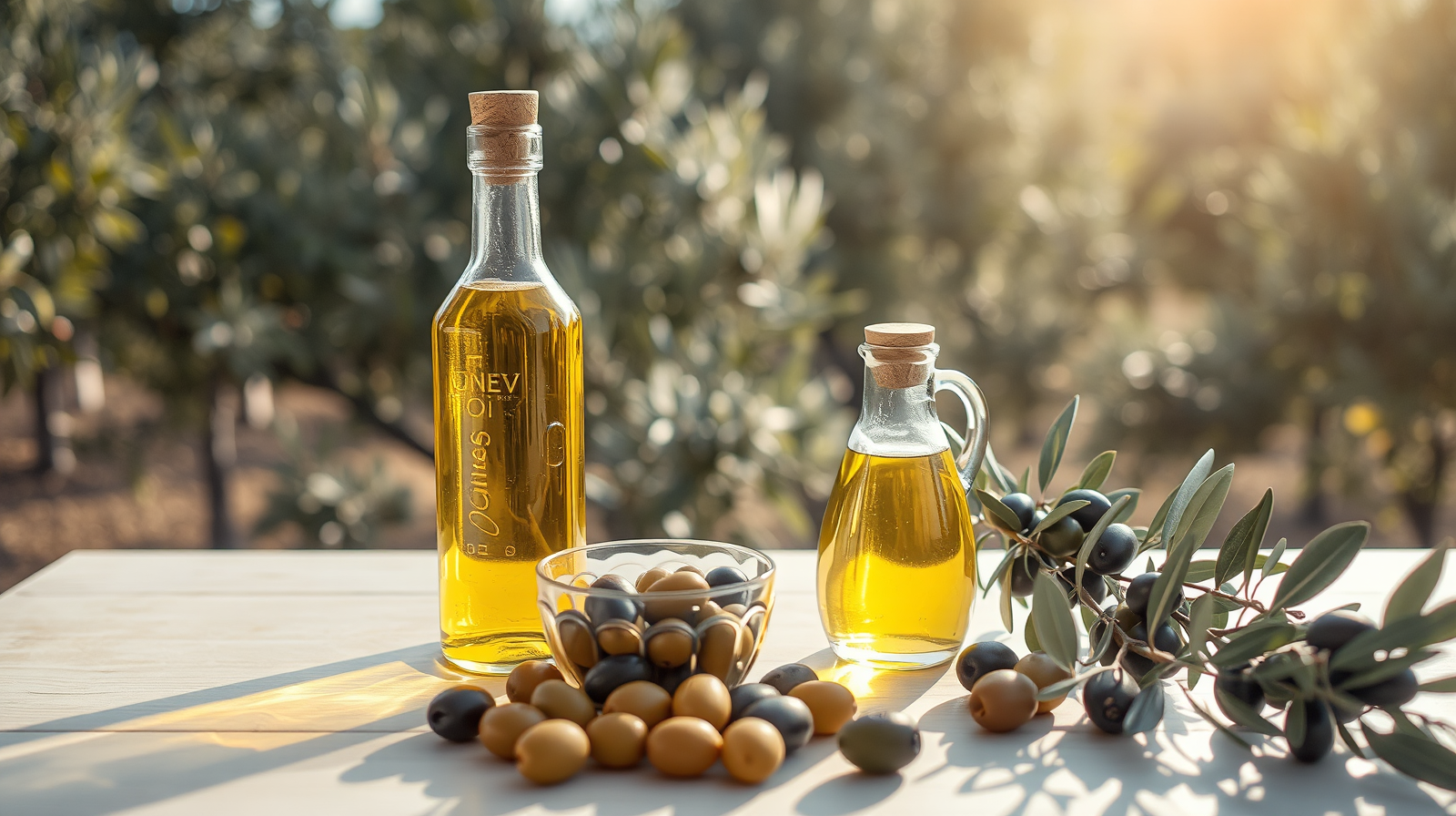 Bottiglie di olio extravergine d'oliva con olive fresche e rami d'ulivo su un tavolo di legno chiaro, luce naturale