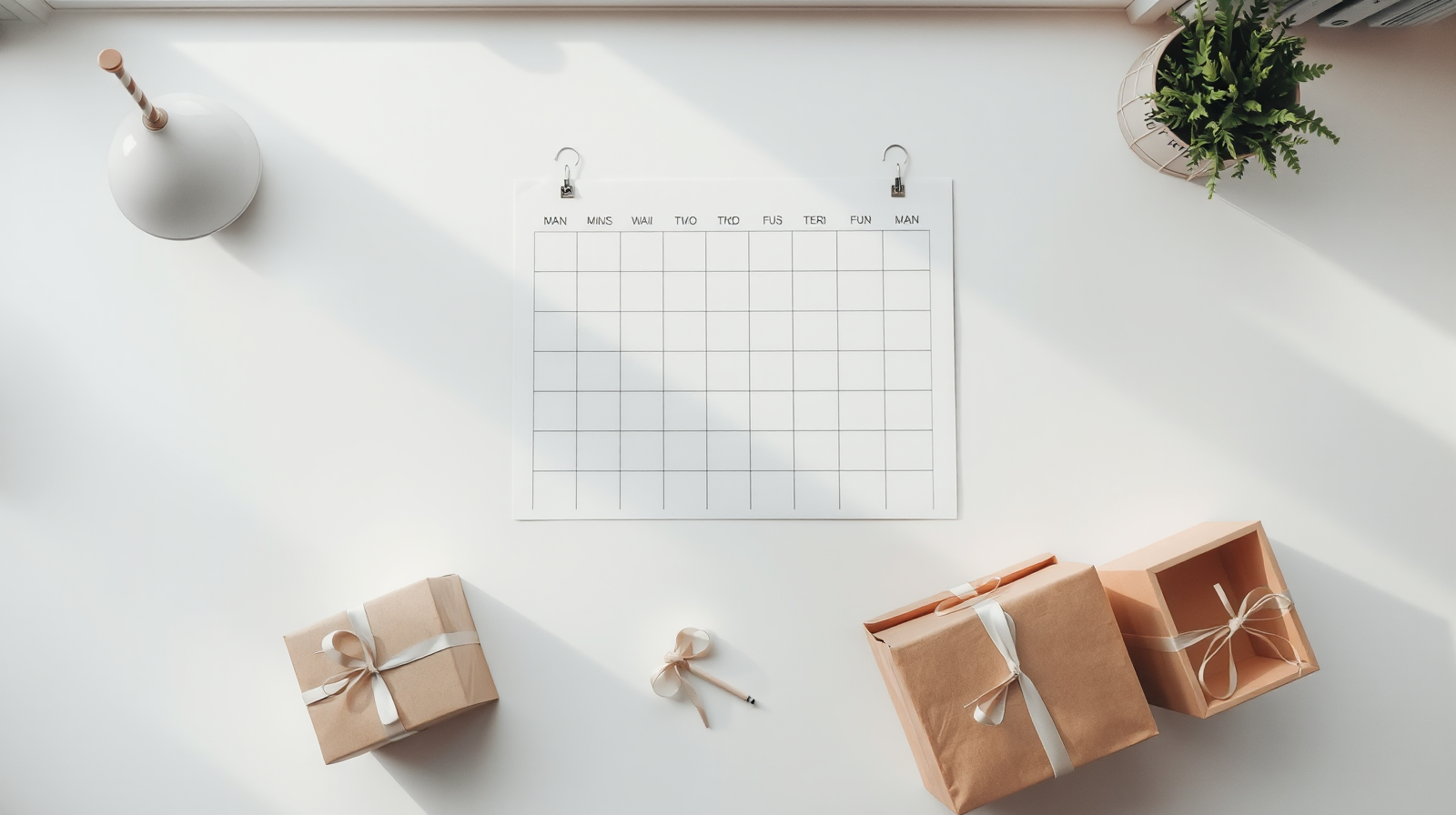 Calendario vuoto e scatole regalo su una scrivania luminosa, simbolo della pianificazione del Black Friday 2026