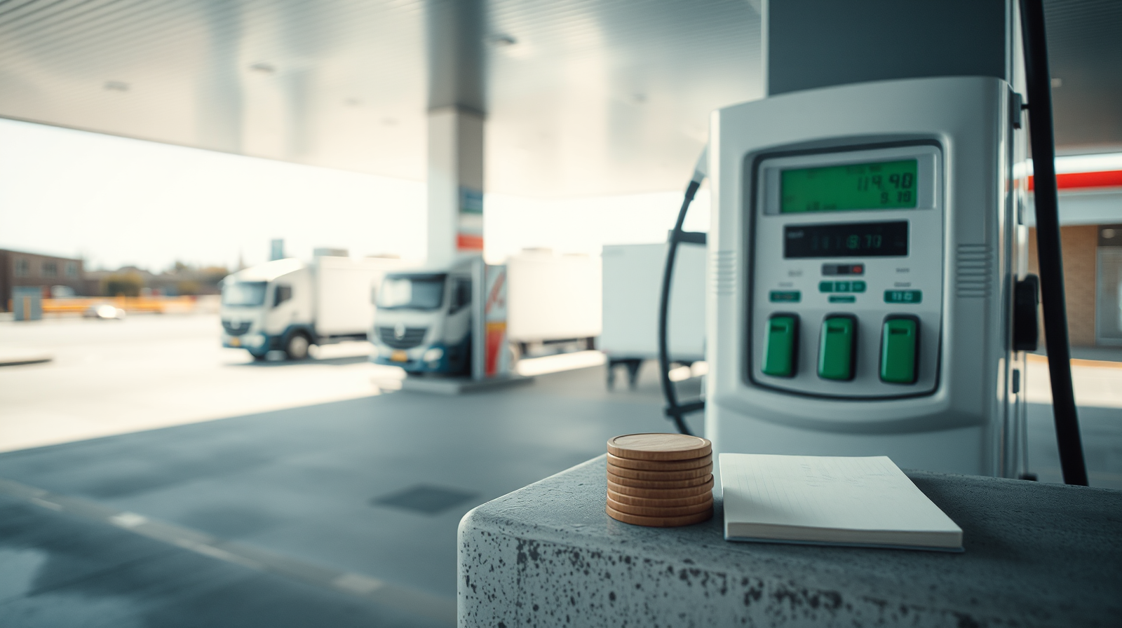 Distributore di carburante moderno con flotta di camion sullo sfondo, simbolo del tetto prezzi gasolio per le imprese