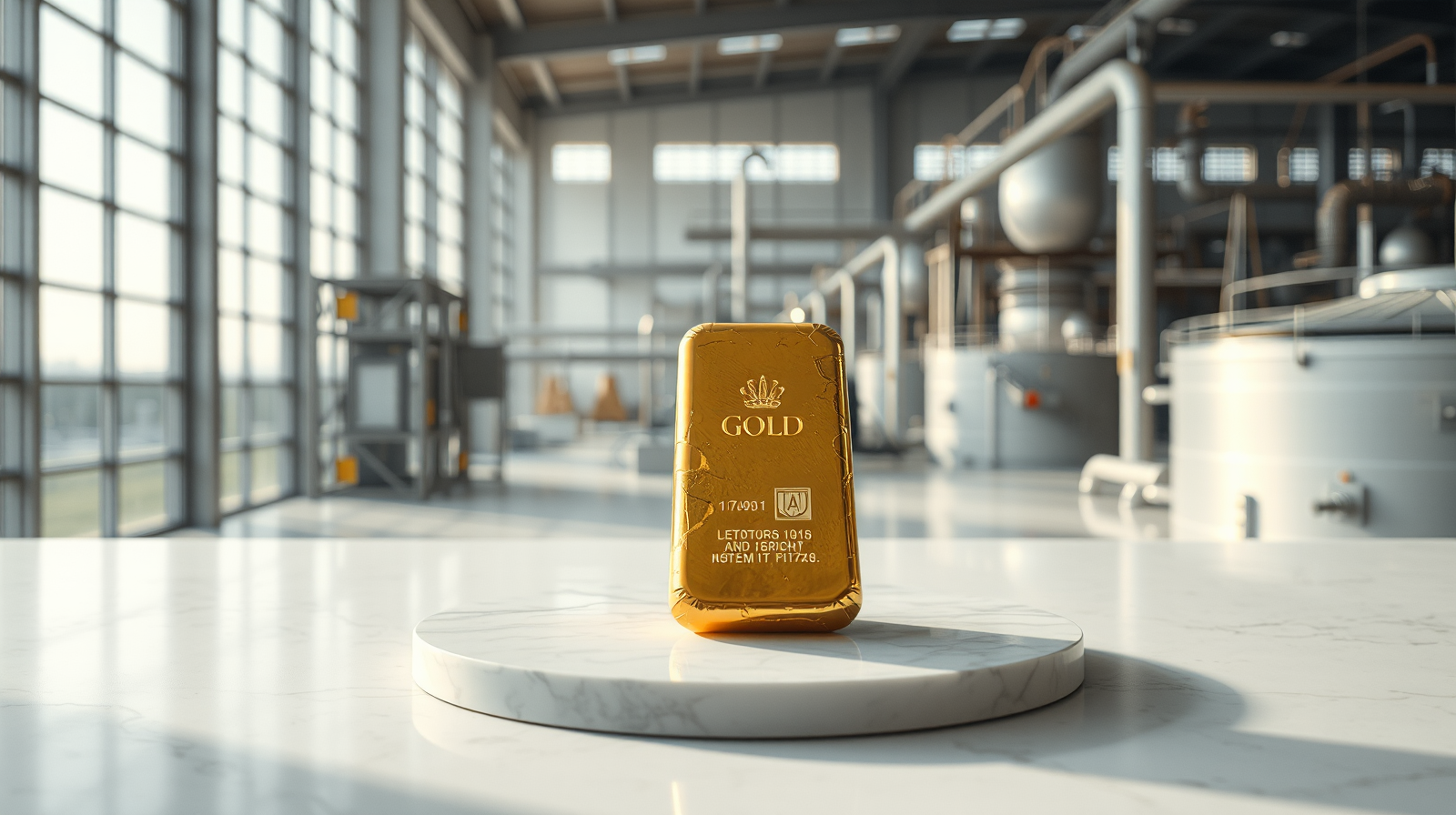 Lingotto d'oro davanti a una fabbrica luminosa, simbolo dei costi industriali legati al prezzo dell'energia