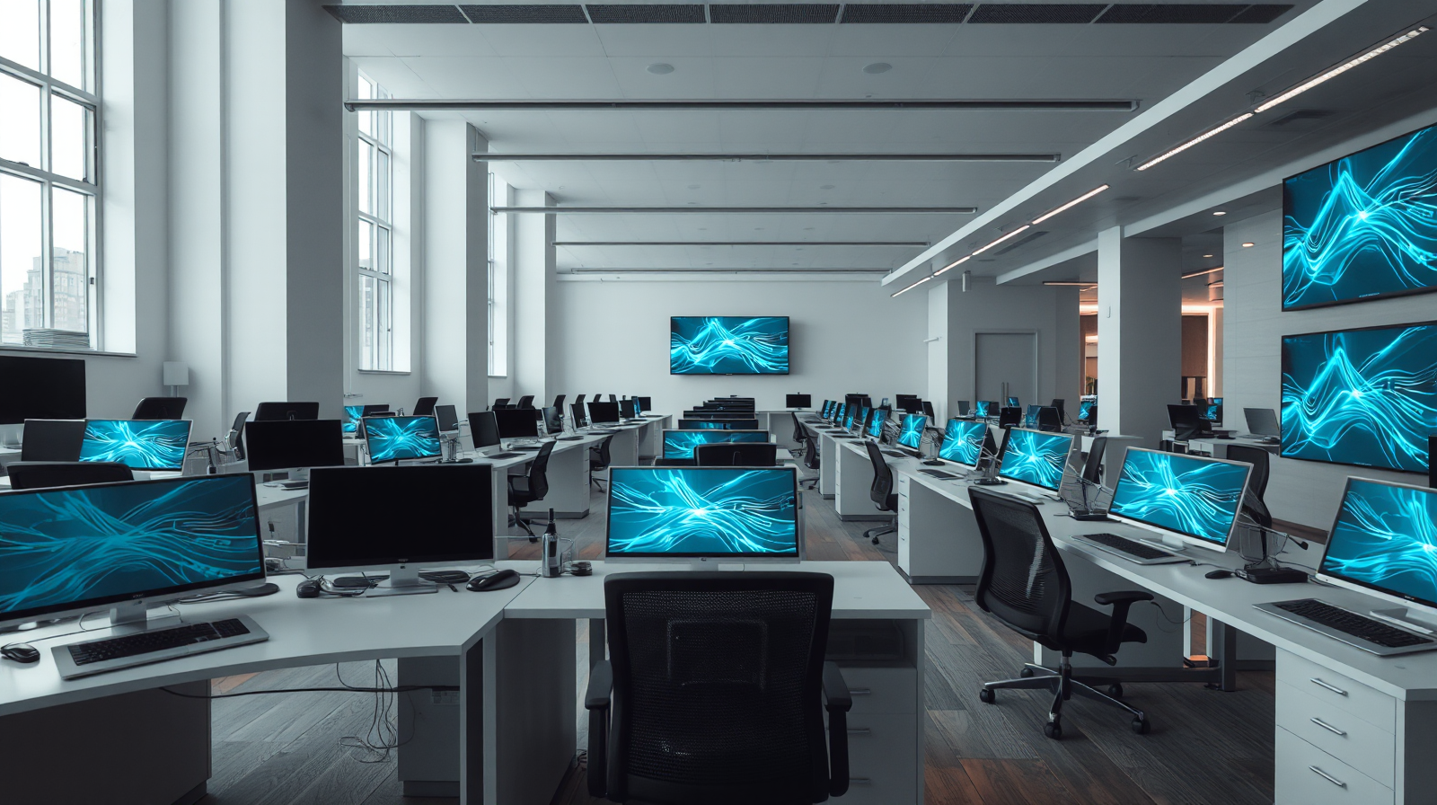Open space bancario luminoso con scrivanie e schermi, simbolo dell'automazione con intelligenza artificiale