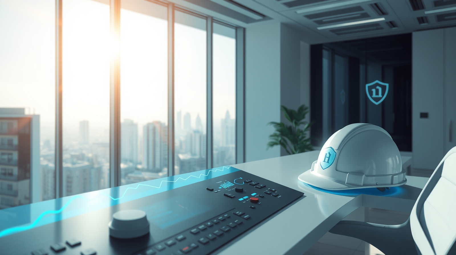 Pannello di controllo con sistema IA e casco di sicurezza in un ambiente di lavoro luminoso, simbolo della sicurezza sul lavoro e del DVR