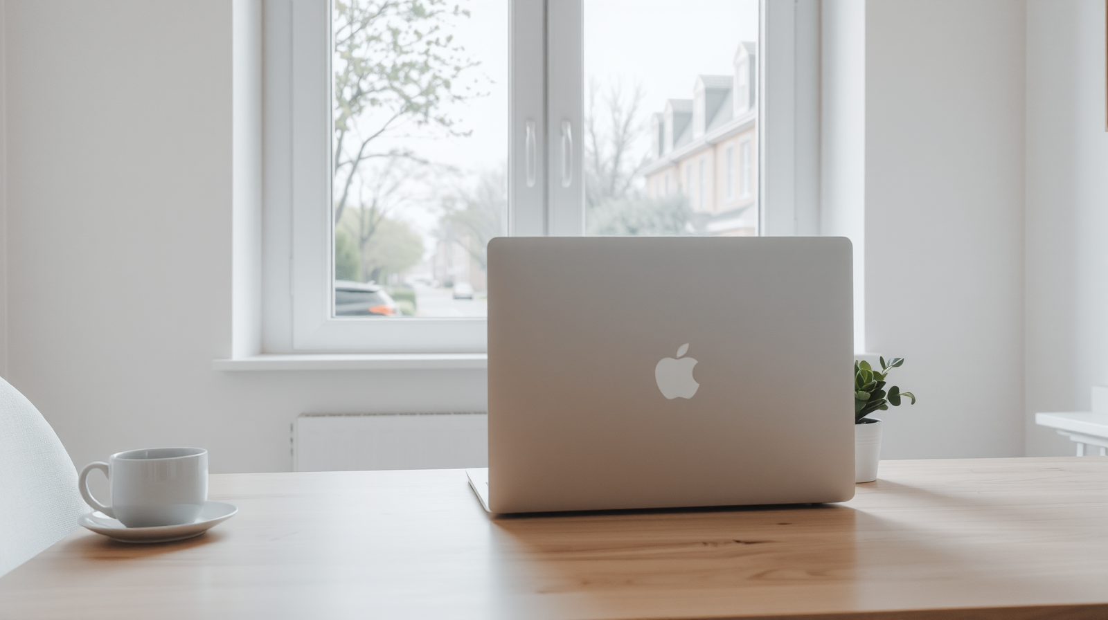 Postazione di smart working luminosa con portatile, pianta e luce naturale, lavoro agile da casa per ridurre i costi